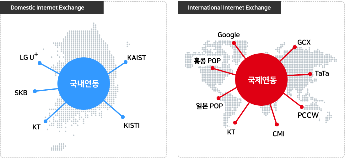 국내연동 : LG U+, Kaist, SKB, KT, KISTI, 국제연동 : Google, 홍콩POP, GCX, TATA, PCCW, CMI, KT, 일본POP